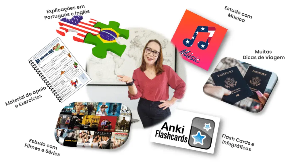 Teacher Rosana Sforca apresentando os materiais do curso Check-in no Inglês: Anki Flashcards, exercícios, estudo com filmes, séries e música, e dicas de viagem.
