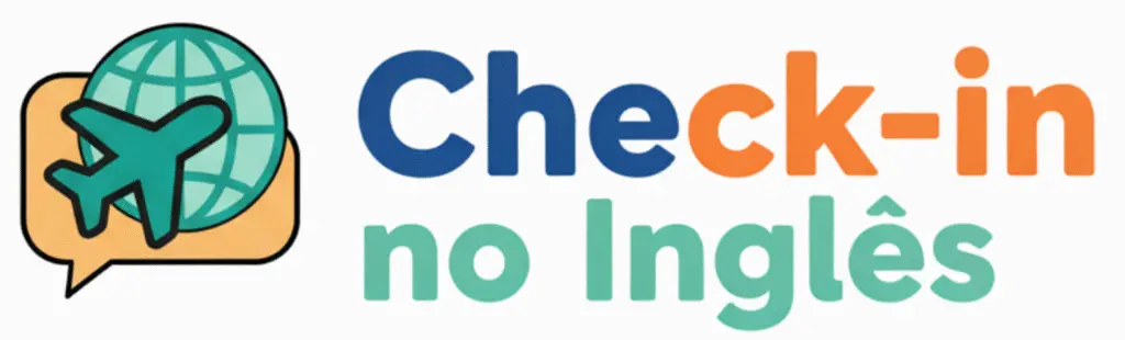 Logotipo Check-in no Inglês com ícone de avião e globo terrestre. O inglês que você precisa para viajar.