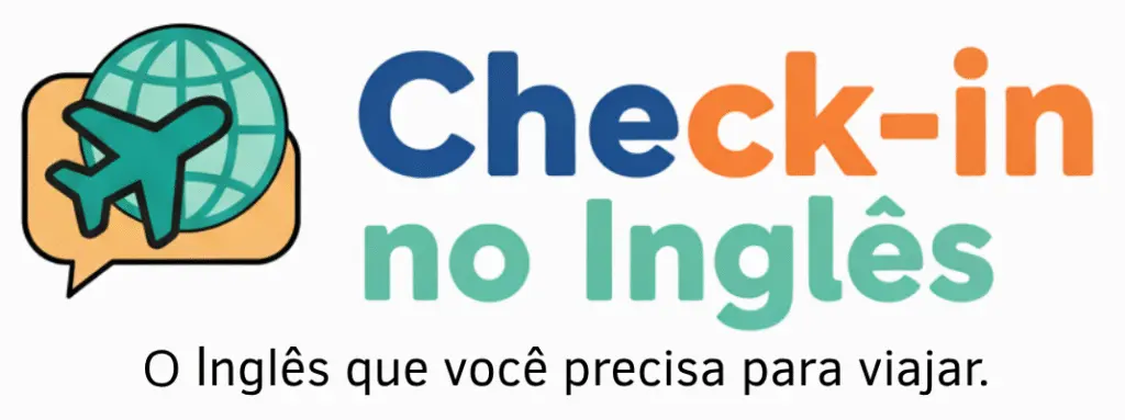 Logotipo Check-in no Inglês com ícone de avião e globo terrestre. O inglês que você precisa para viajar.