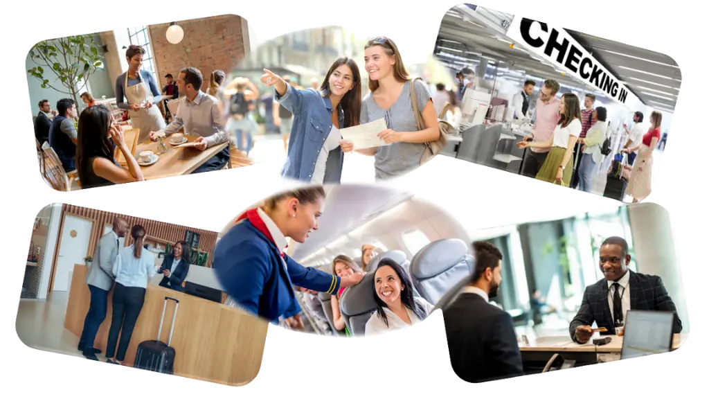 Colagem de situações de viagem: turistas pedindo informações, fazendo check-in no aeroporto, sendo atendidos em restaurante, hotel e conversando com comissária de bordo.